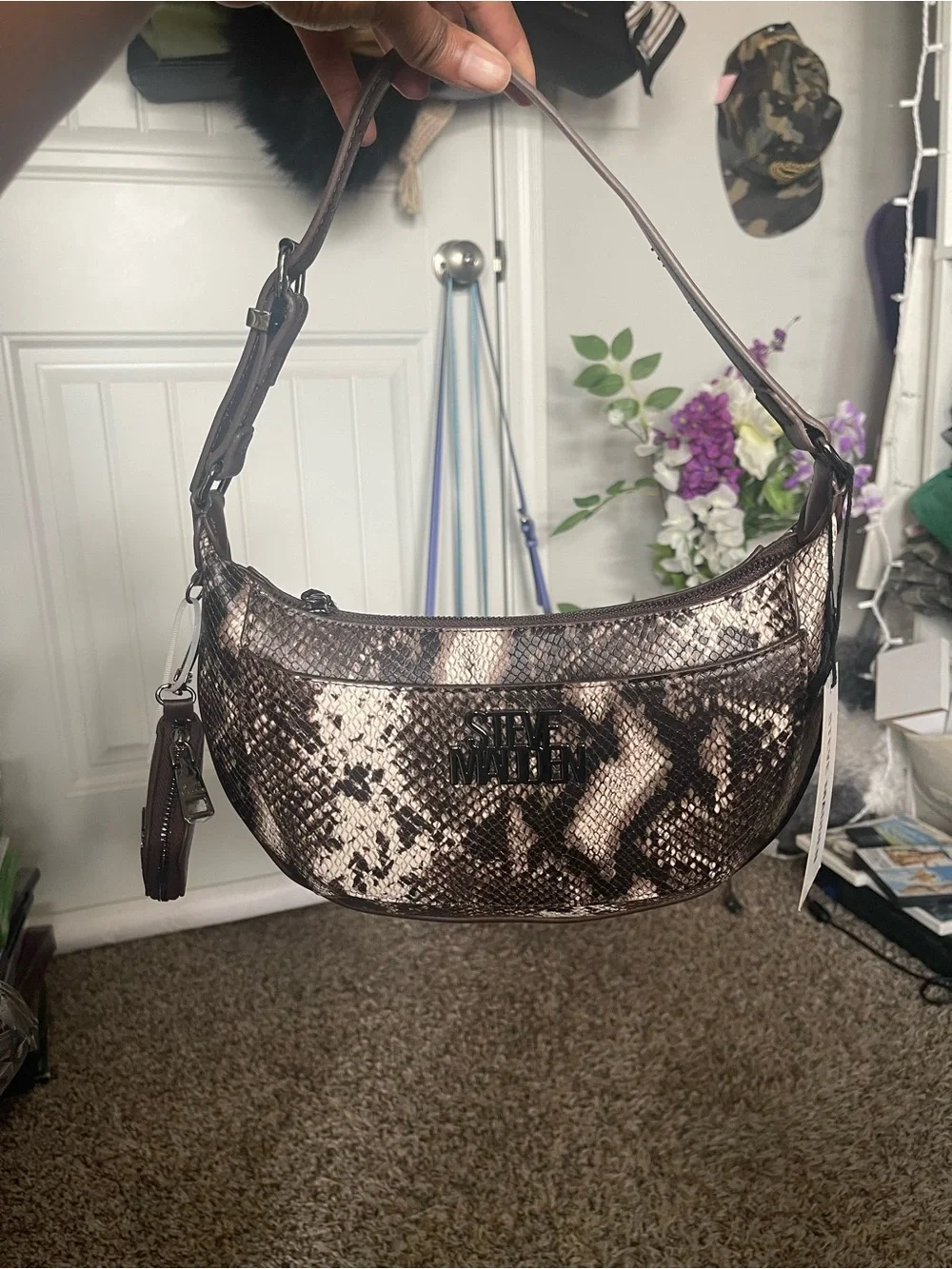 Steve Madden Brown Black & Cream Snake-Print Shoulder Bag